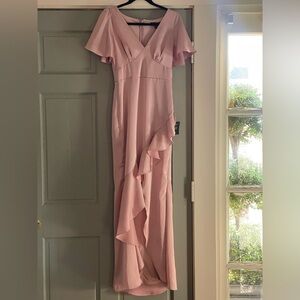 Lulu’s NWT Eternal Bond Blush Satin Ruffled Flutter Sleeve Maxi Dress